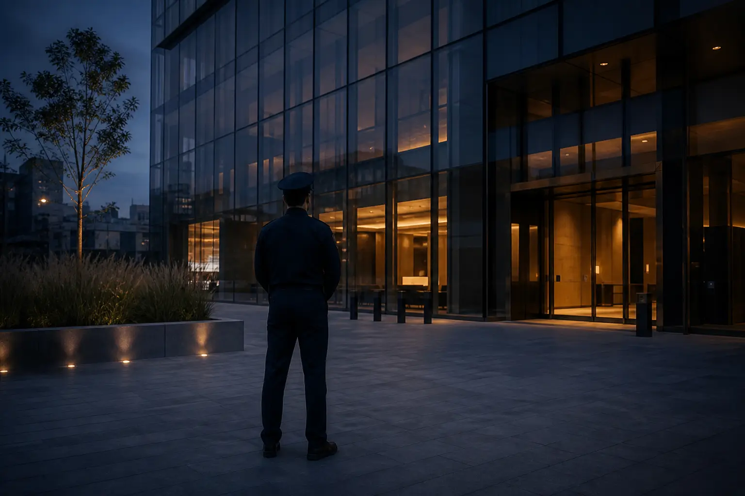 Guardia de seguridad frente a un edificio corporativo durante la noche
