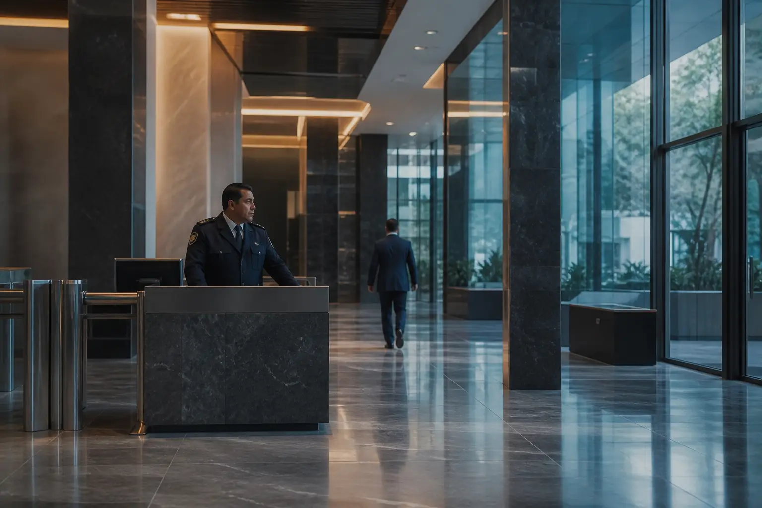 Guardia de T&J en un lobby corporativo controlando el acceso