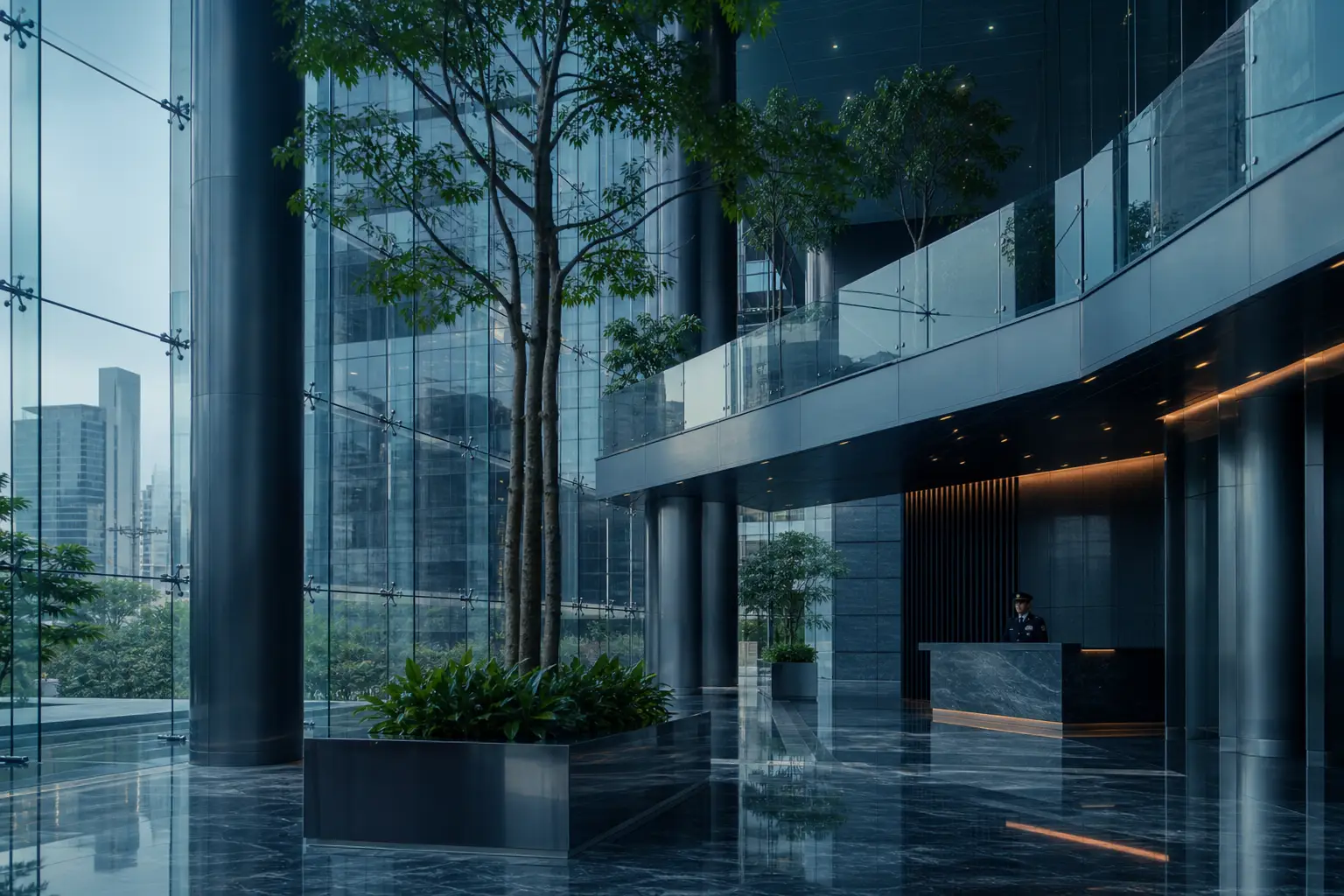 Lobby corporativo con control de visitas