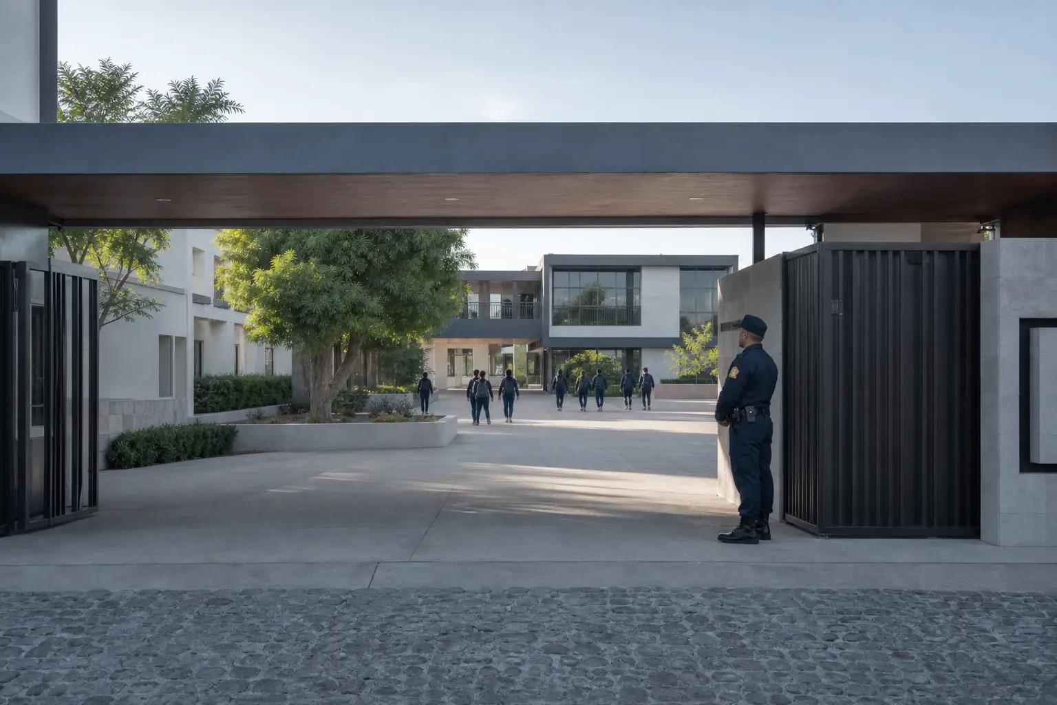 Acceso peatonal de un campus escolar